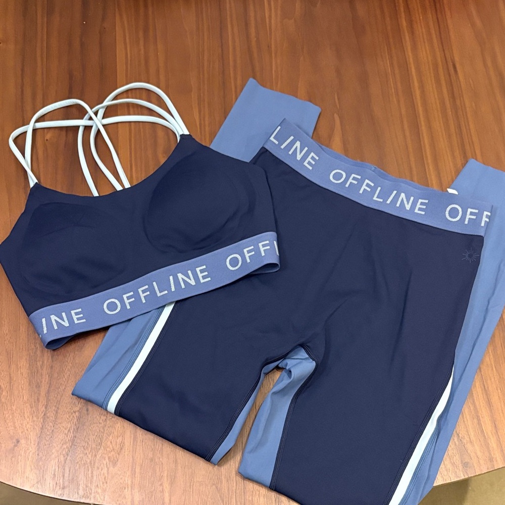 aerie offline Navy and Light Blue Leggings & Strappy Sports Bra Set